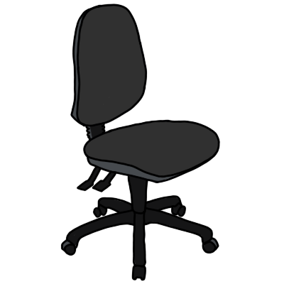 A black office chair with wheels, two pedals and no arms.